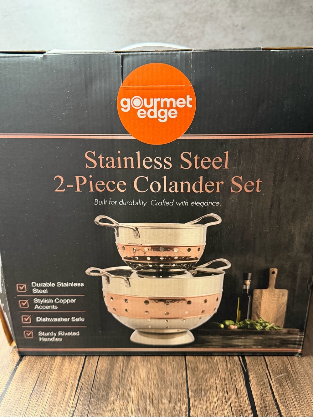 NEW Gourmet Edge Stainless Steel Colander Set with Copper Accents